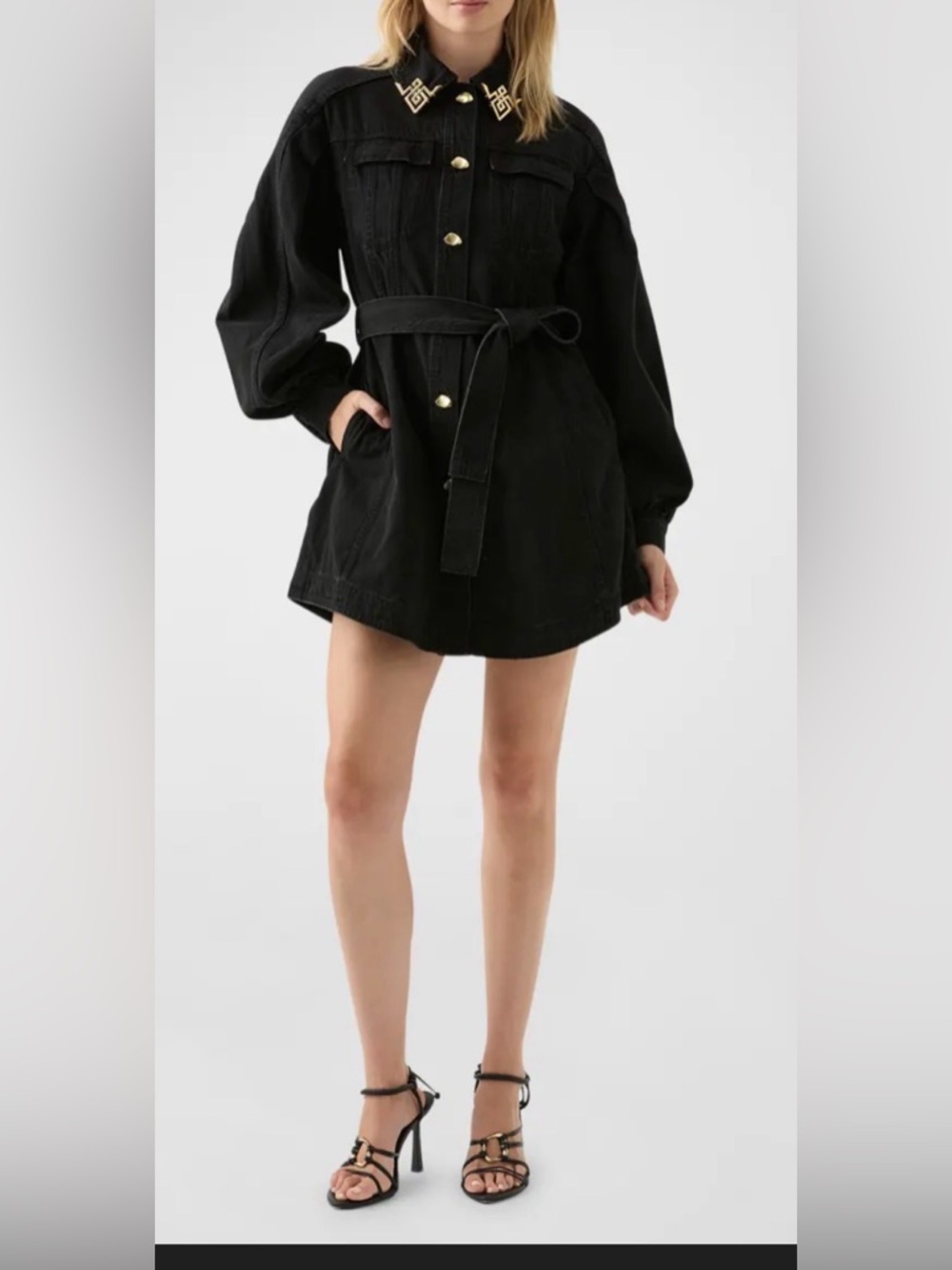 Aje Black Belted Denim Dress with Gold Collar Detail